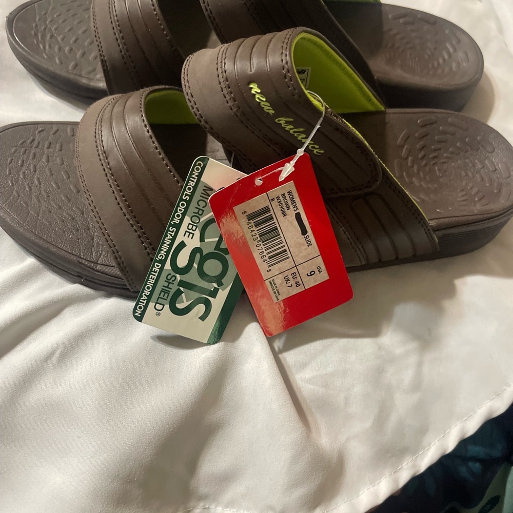 New Balance Brown and Lime Green Slide Sandals